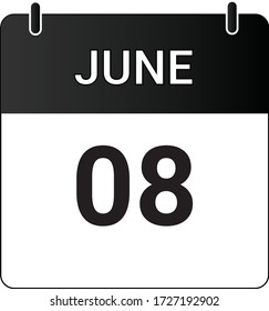 Calendario de icono plano 8 de junio indicado con blanco y negro. Ilustración vectorial.