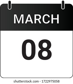 Flat icon calendar 8th of March indicated with white & black. Vector illustration.