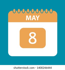 Flat icon calendar 8th of May isolated on blue background. Vector illustration.