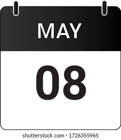 Flat icon calendar 8th of May indicated with white & black. Vector illustration.