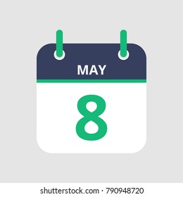 Flat icon calendar 8th of May isolated on gray background. Vector illustration.