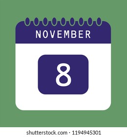 Flat icon calendar 8th of November isolated on green background. Vector illustration.