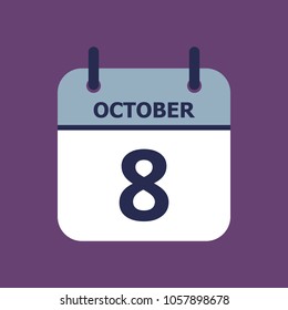 Flat icon calendar 8th of October solated on gray background. Vector illustration.