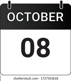 Calendario plano de icono 8 de octubre indicado con blanco y negro. Ilustración vectorial.