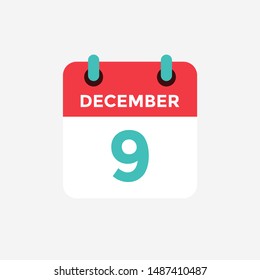 Flat icon calendar 9 December. Date, day and month. Vector illustration.