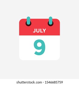 Flat icon calendar 9 of July. Date, day and month. Vector illustration.