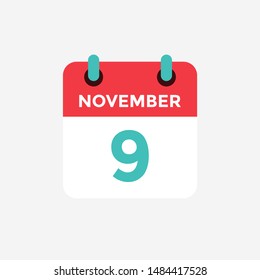 Flat icon calendar 9 November. Date, day and month. Vector illustration.