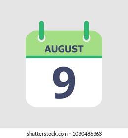 Flat icon calendar 9th of August isolated on gray background. Vector illustration.