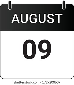Calendario de icono plano el 9 de agosto indicado con blanco y negro. Ilustración vectorial.