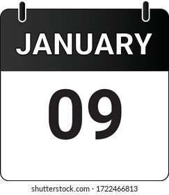 Flat icon calendar 9th of January indicated with white & black. Vector illustration.