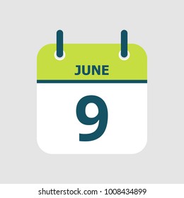 Flat icon calendar 9th of June isolated on gray background. Vector illustration.