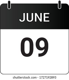 Calendario plano de icono 9 de junio indicado con blanco y negro. Ilustración vectorial.