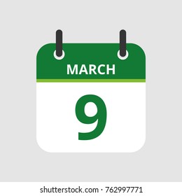 Flat icon calendar 9th of March isolated on gray background. Vector illustration.