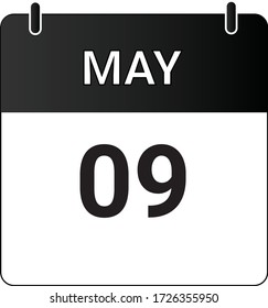 Flat icon calendar 9th of May indicated with white & black. Vector illustration.
