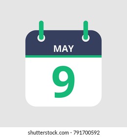 Flat icon calendar 9th of May isolated on gray background. Vector illustration.