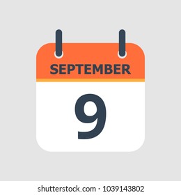 Flat icon calendar 9th of September isolated on gray background. Vector illustration.