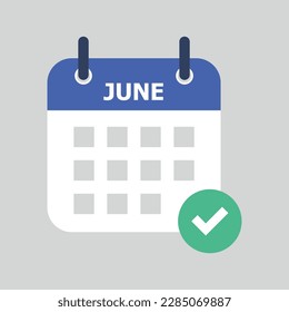Calendario de iconos plano con marca de verificación aislada en fondo gris. Calendario aprobado. Ilustración vectorial.
