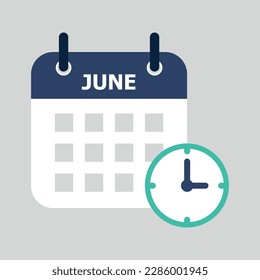 Flat icon calendar with clock as waiting scheduled event isolated on gray background. Vector illustration.