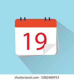 Flat icon of calendar isolated on a background. The 19th  of the mounth. Vector illustration.