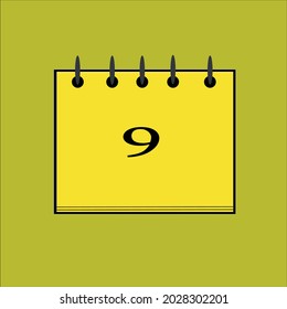 Flat icon calendar isolated on black number and yellow background. Vector illustration.