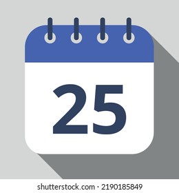 Flat icon calendar isolated on gray background. Vector illustration, day 25.
