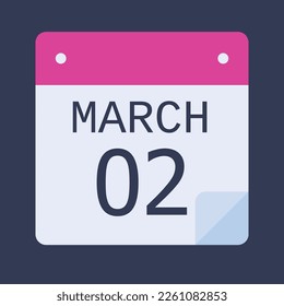 Flat icon calendar isolated on Black background. Vector illustration. 02 March Calendar