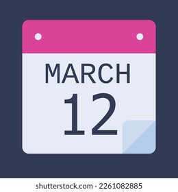 Flat icon calendar isolated on Black background. Vector illustration. 12 March Calendar