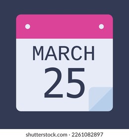 Flat icon calendar isolated on Black background. Vector illustration. 25 March Calendar