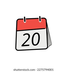 Flat icon calendar isolated on white background. Day 20 calendar vector illustration.