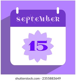 Flat icon calendar isolated on lilac background. Vector illustration. Calendar date. 15th day of the month icon. September.