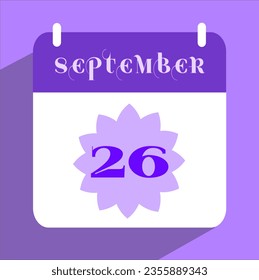 Flat icon calendar isolated on lilac background. Vector illustration. Calendar date. 26th day of the month icon. September.