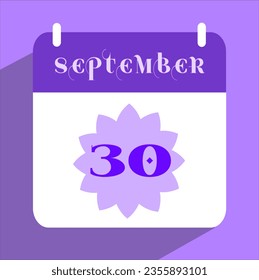 Flat icon calendar isolated on lilac background. Vector illustration. Calendar date. 30th day of the month icon. September.