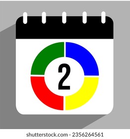 Flat icon calendar isolated. Vector illustration. Date 2 inside a colored arc.