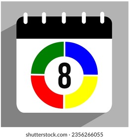 Flat icon calendar isolated. Vector illustration. Date 8 inside a colored arc.