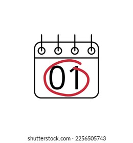 Icono plano del día 01 de marcado de calendario con línea roja.