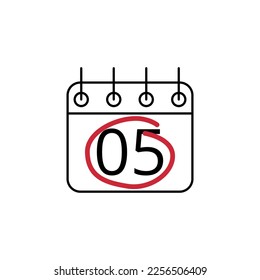 Flat icon of calendar marking day 05 with red line.