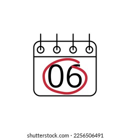 Flat icon of calendar marking day 06 with red line.