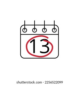 Flat icon of calendar marking day 13 with red line.