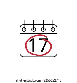 Flat icon of calendar marking day 17 with red line.