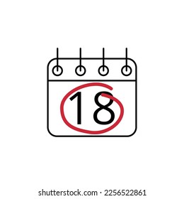 Flat icon of calendar marking day 18 with red line.