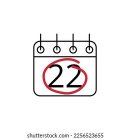 Flat icon of calendar marking day 22 with red line.
