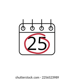 Flat icon of calendar marking day 25 with red line.