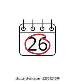 Flat icon of calendar marking day 26 with red line.