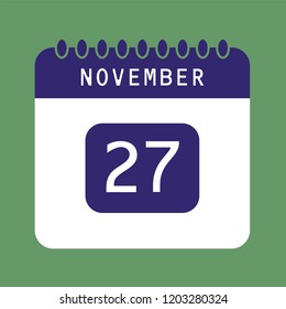 Flat icon calendar of November isolated on green background. Vector illustration.