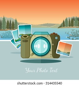 flat icon camera with photo on landscape background with forest river and mountains