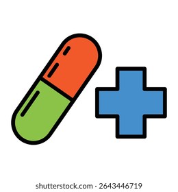 Flat icon of capsule and cross. This icon is ideal for use in healthcare apps, pharmacy websites, medical infographics, and drug-related educational materials.