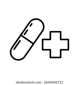 Flat icon of capsule and cross. This icon is ideal for use in healthcare apps, pharmacy websites, medical infographics, and drug-related educational materials.