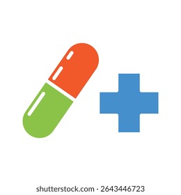 Flat icon of capsule and cross. This icon is ideal for use in healthcare apps, pharmacy websites, medical infographics, and drug-related educational materials.
