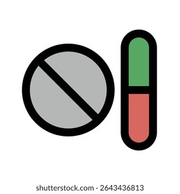 Flat icon of capsule and pill. This icon is ideal for use in healthcare apps, pharmacy websites, medical infographics, and drug-related educational materials.