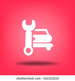 Flat icon. Car repair. Vector image of the machine and a wrench.